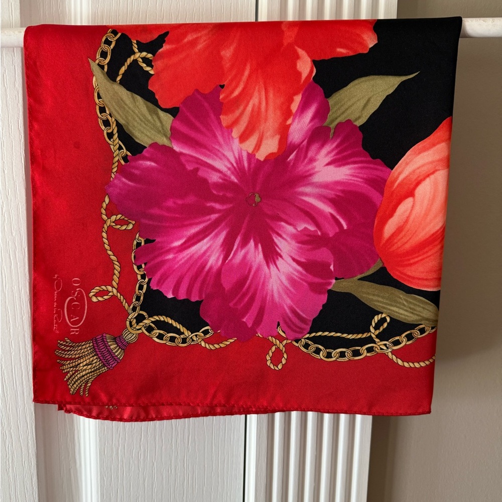 Vintage Oscar De La Renta Floral Silk Scarf with Red and Pink Accents